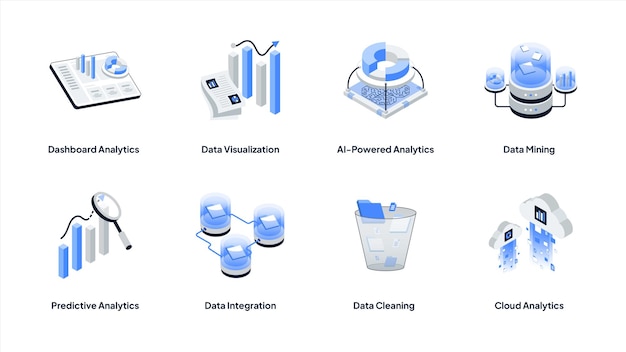 Íconos de análisis de datos isométricos Tablero de instrumentos Visualización de minería de IA Integración de limpieza en la nube