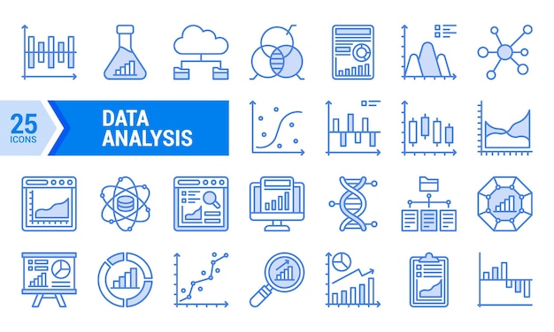 Iconos de análisis de datos de línea azul para presentaciones empresariales