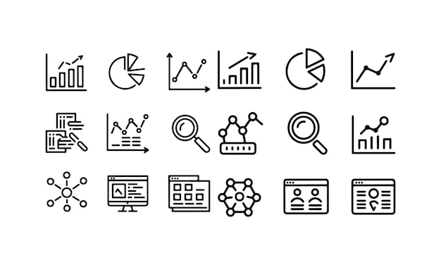 Iconos de análisis y visualización de datos Conjunto de gráficos Gráficos de lupa y diseños de red