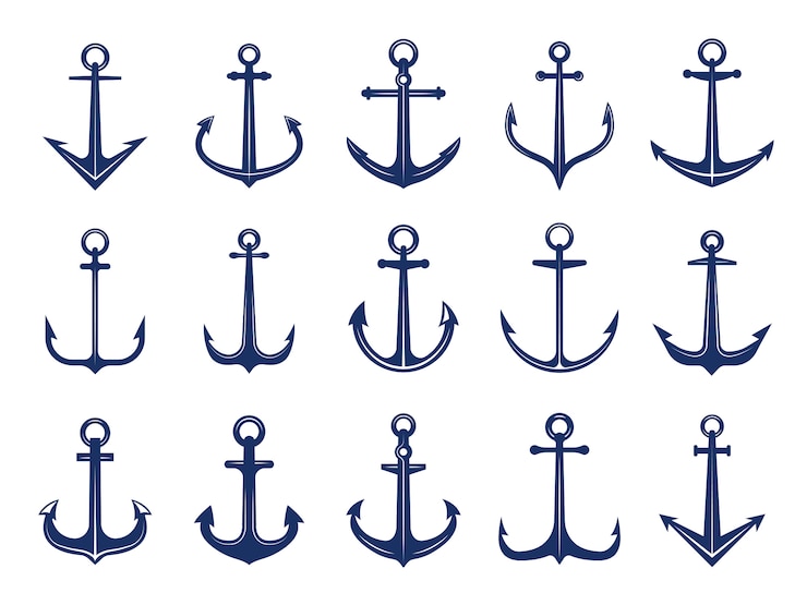Vector iconos de ancla marina. de símbolos navales anclas barco o bote. plantilla de logotipos retro marinos