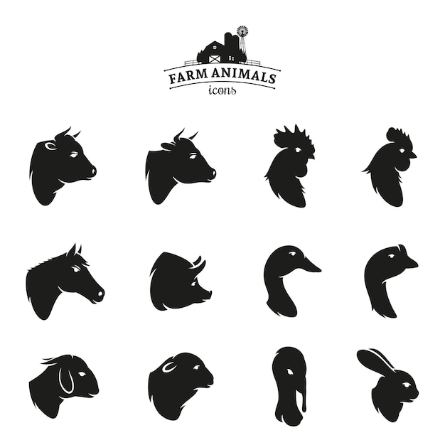 Vector iconos de animales de granja aislados en blanco