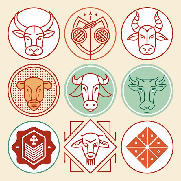 Iconos de animales de la granja Ilustraciones de vacas y símbolos agrícolas