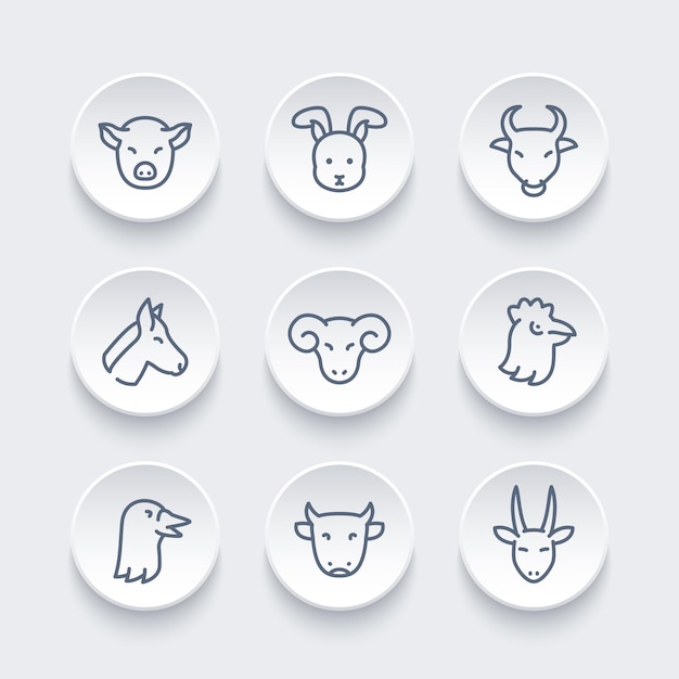 Iconos de animales de granja pictogramas lineales cerdo conejo carnero gallina ganso vaca cabra toro caballo ilustración vectorial