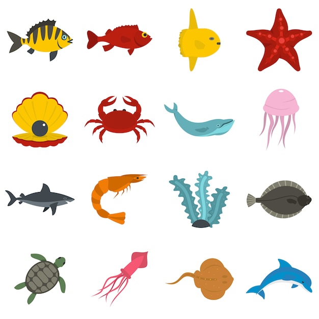 Vector iconos de animales marinos en estilo plano