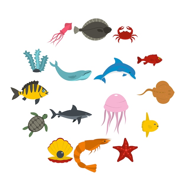 Iconos de animales marinos en estilo plano