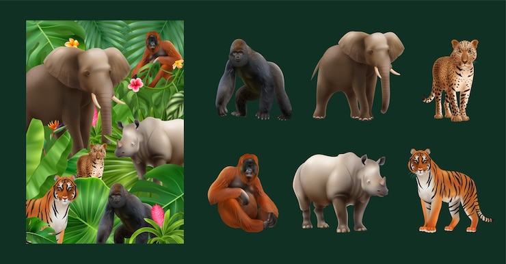 Vector iconos de animales en peligro de extinción e ilustración en estilo realista