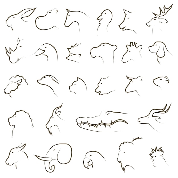 Iconos de animales sobre un fondo blanco Un conjunto de perfiles de varios animales y aves Animales en perfil
