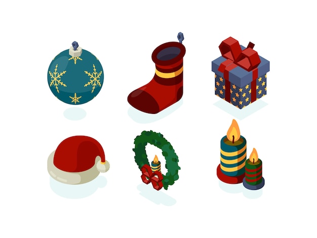 Iconos de año nuevo. Accesorios de navidad regalos árbol linterna bola de nieve noel santa conjunto isométrico