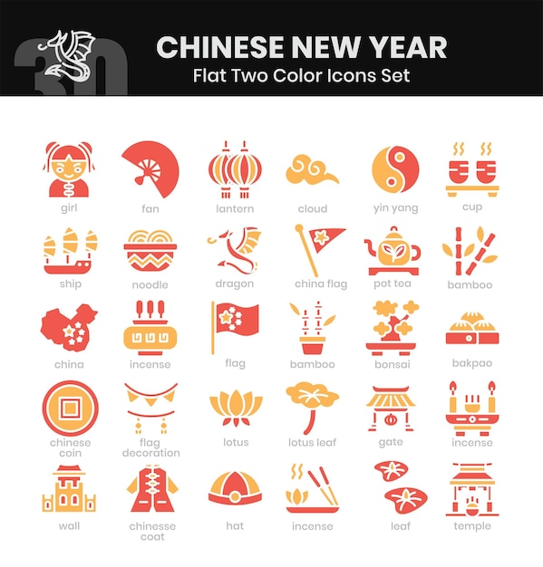 Iconos del Año Nuevo Chino Bundle Iconos planos de dos colores estilo ilustración vectorial