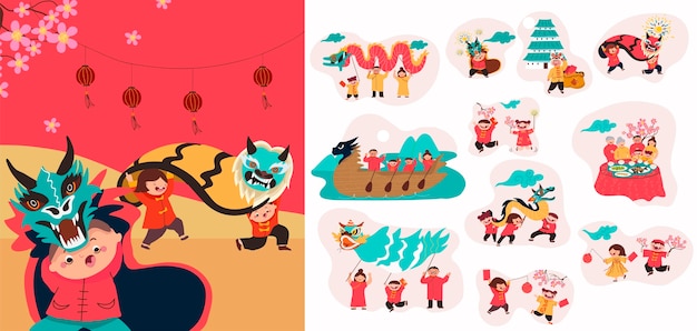 Iconos del año nuevo chino dibujados a mano con ilustración