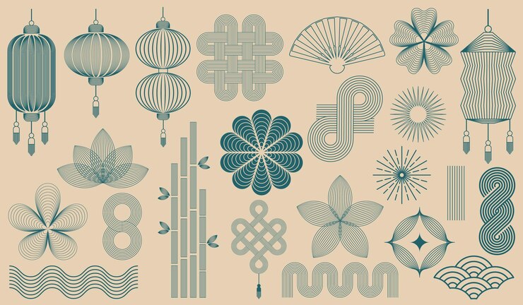 Iconos del Año Nuevo chino símbolos y decoraciones ilustraciones de diseño lineal abstracto arte de líneas