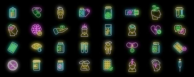 Iconos de antidepresivos establecer neón vectorial