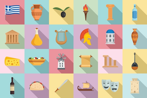 Los iconos de la antigua Grecia establecen vector plano. Partenón griego. Mitología de la historia