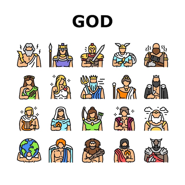 Iconos antiguos de la mitología del dios griego set vector