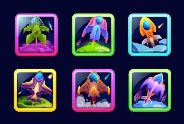 Iconos de aplicaciones de juegos espaciales de dibujos animados cohetes de naves espaciales