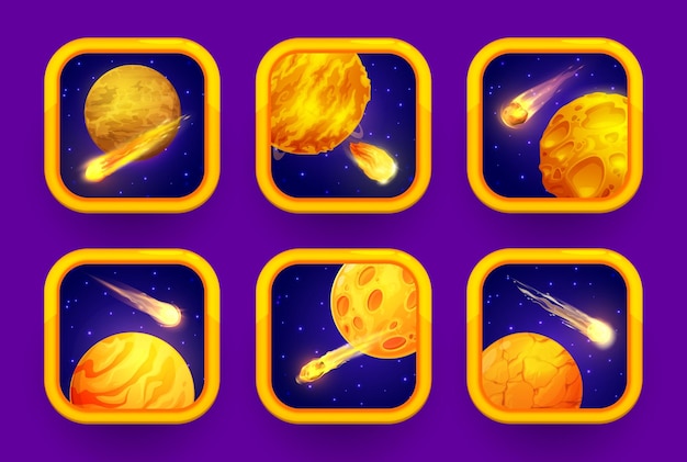 Iconos de aplicaciones de juegos espaciales de dibujos animados con planetas amarillos
