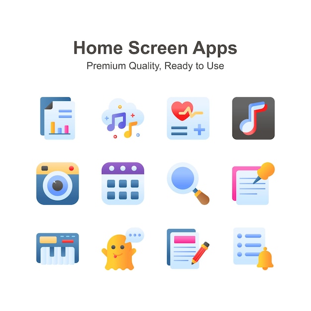 Los iconos de aplicaciones de pantalla de inicio de calidad premium están listos para su uso premium
