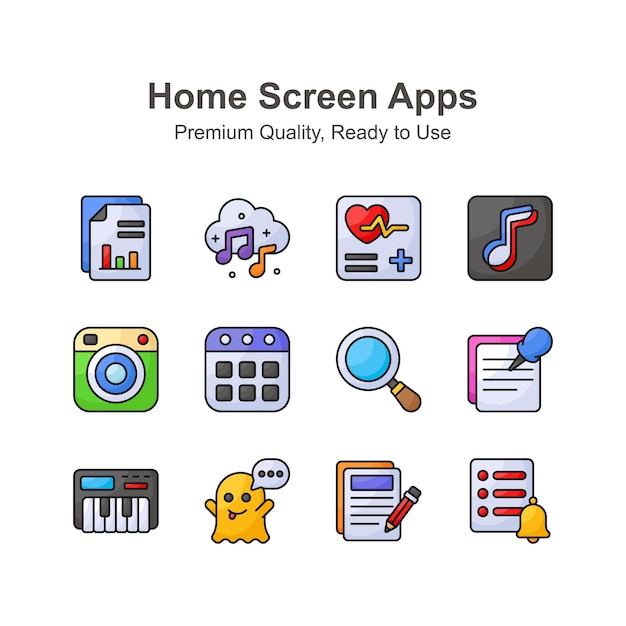 Los iconos de aplicaciones de pantalla de inicio de calidad premium están listos para su uso premium