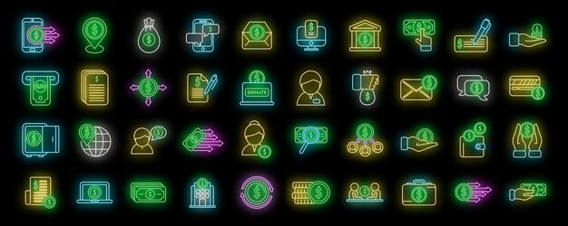 Iconos de apoyo financiero establecer neón vectorial