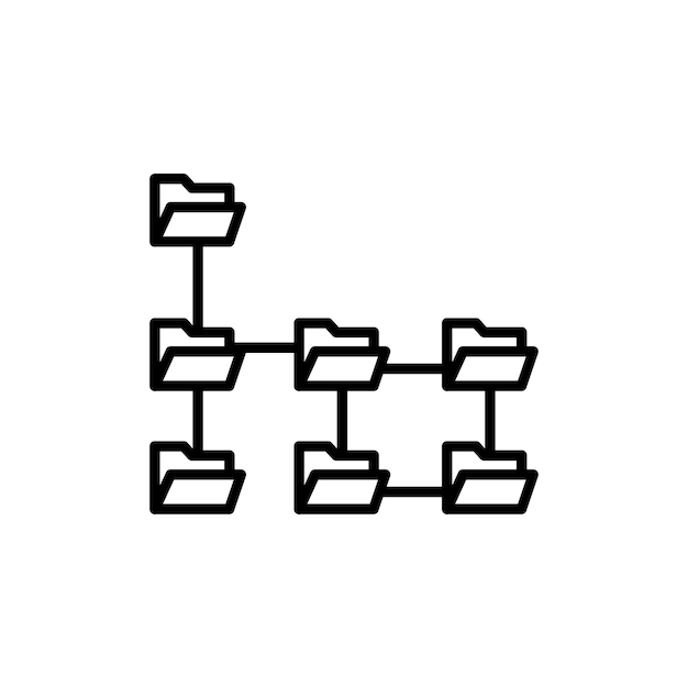 Iconos de árbol de carpetas conjunto de directorios estructura vectorial símbolo datos sub carpetas jerarquía pictograma en estilo negro lleno y delineado