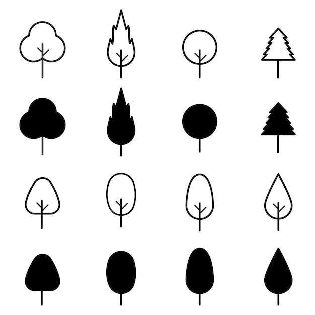 Vector iconos de árboles en estilo abstracto en blanco y negro