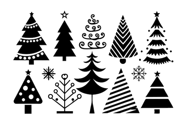 Iconos de árboles de Navidad blancos y negros Arte de líneas simples para tarjetas Carteles de diseño de vacaciones
