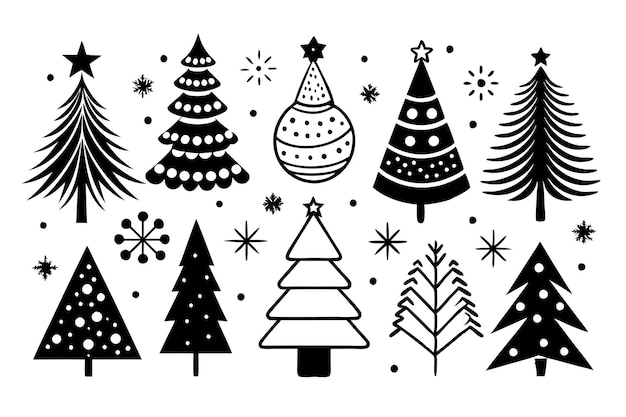 Iconos de árboles de Navidad blancos y negros Arte de líneas simples para tarjetas Carteles de diseño de vacaciones