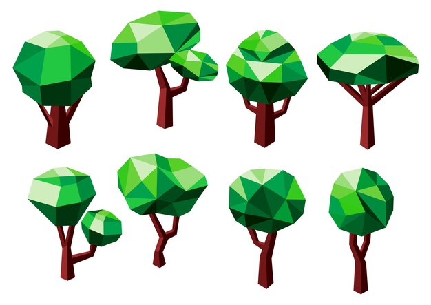 Vector iconos de árboles poligonales con follaje verde