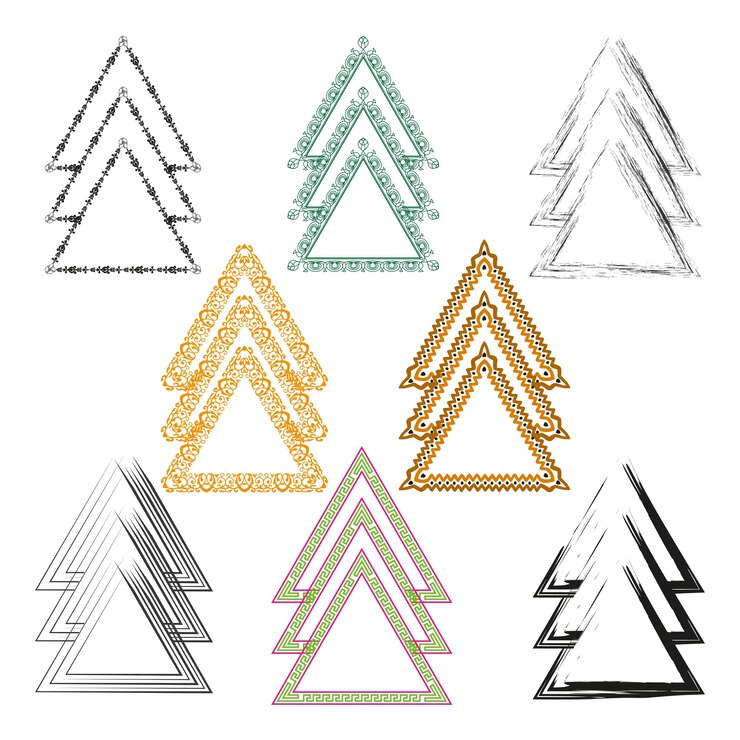Vector iconos de árboles triangulares patrón de ornamentación geométrica diseño decorativo abstracto estilo vectorial colorido