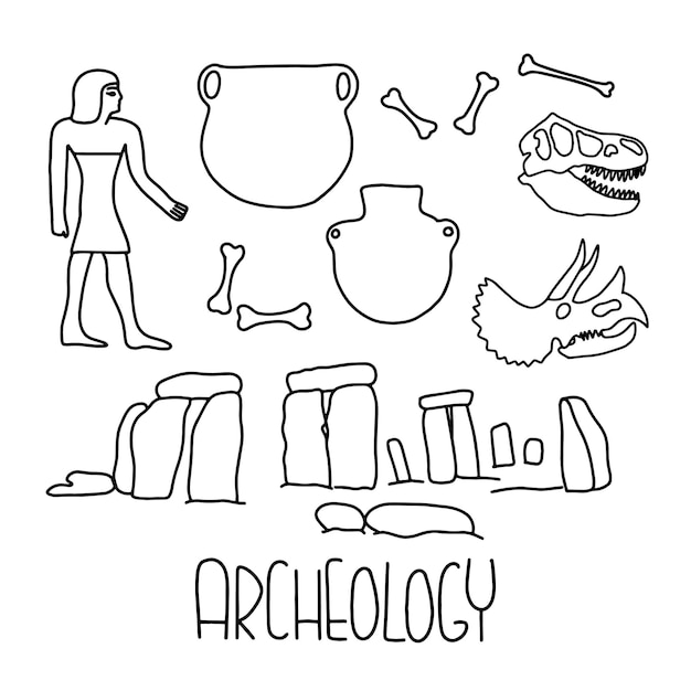 Iconos de arqueología con letras dibujar a mano ilustración de línea vectorial