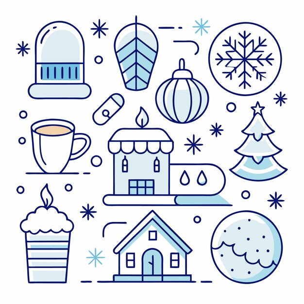 Iconos de arte de línea azul y blanca de la temporada de invierno
