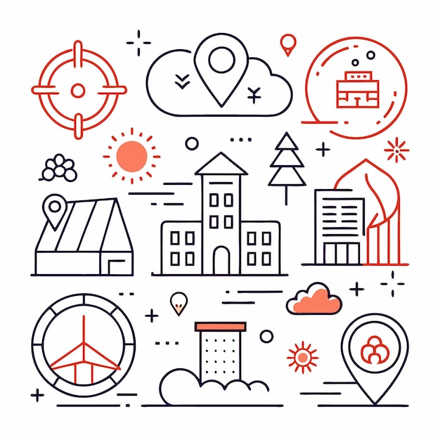 Iconos de arte de línea de edificios del paisaje urbano ubicación objetivo solar y turbina eólica