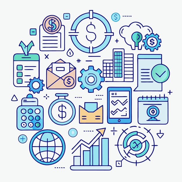 Iconos de arte de línea de finanzas empresariales y tecnología