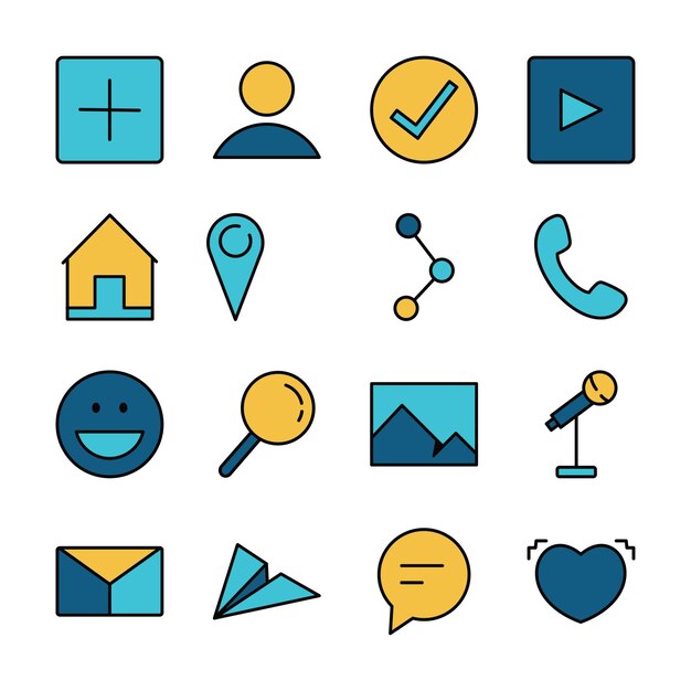 Iconos de arte de línea llena Conjunto de comunicación Información de mensaje Red digital Negocio