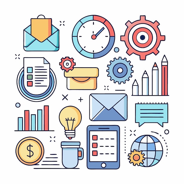 Iconos de arte de línea de negocios y tecnología