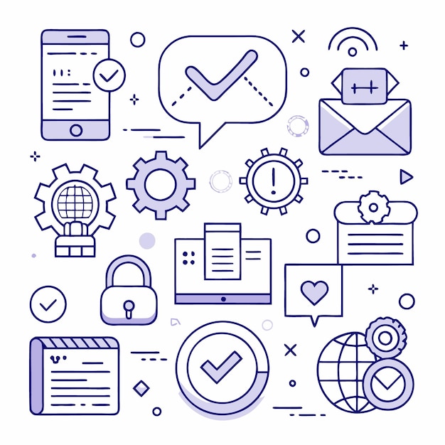 Iconos de arte de línea que muestran el éxito, la productividad y el flujo de trabajo en un entorno empresarial