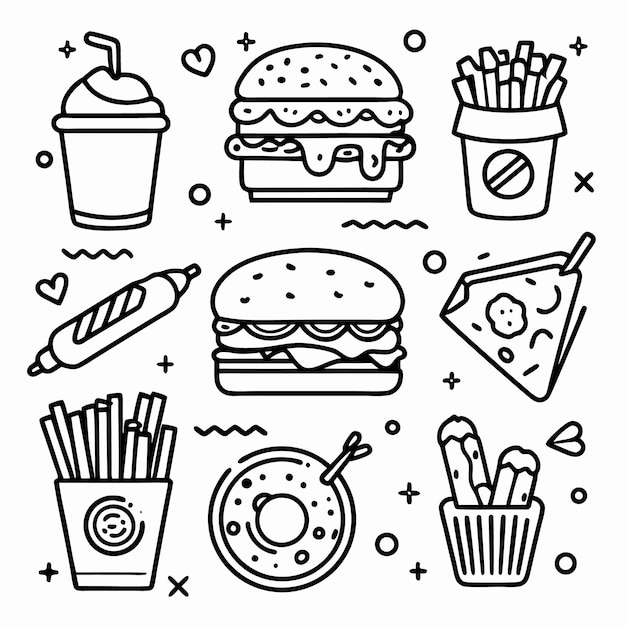 Iconos de arte de línea de varios artículos de comida rápida