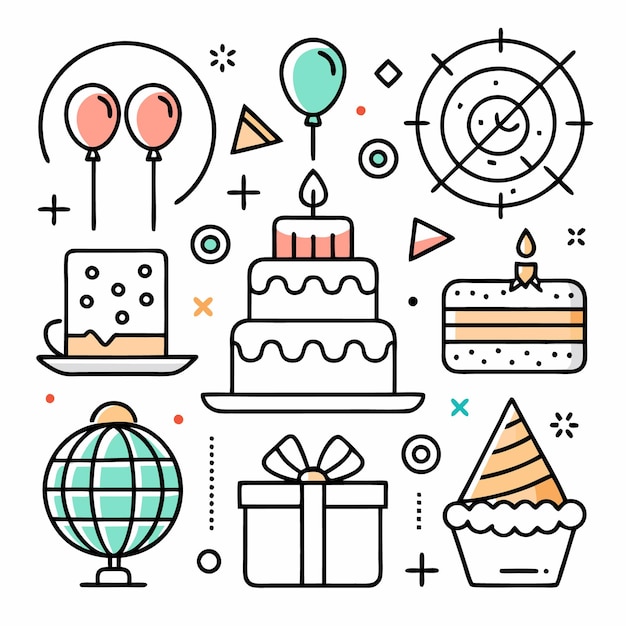 Iconos de arte de líneas coloridas que representan la celebración de cumpleaños