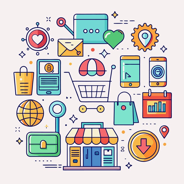 Vector iconos de arte de líneas coloridos relacionados con compras, pagos en línea y comercio electrónico