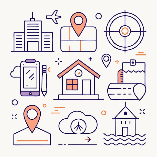 Iconos de arte de líneas que representan los servicios de ubicación, mapas, navegación y hogar