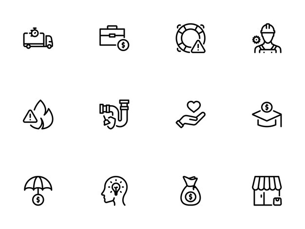 Iconos de arte de líneas que representan varios riesgos, seguros y protección de activos