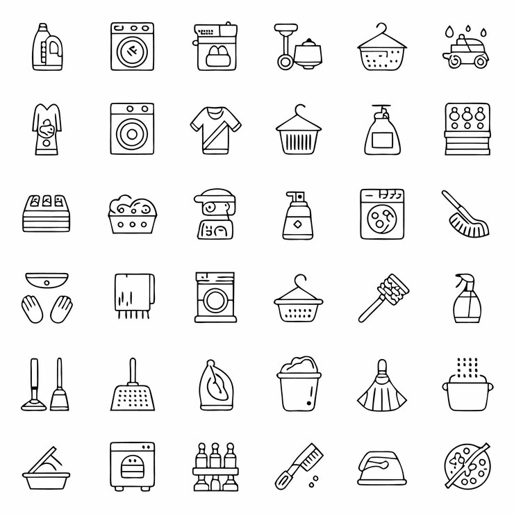 Iconos de arte de líneas simples de lavandería, limpieza y artículos para el hogar