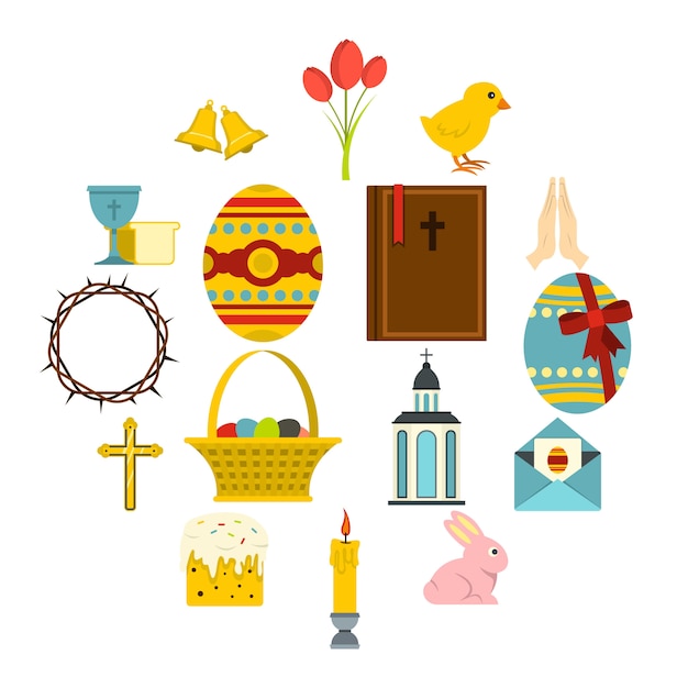 Iconos de artículos de pascua en estilo plano