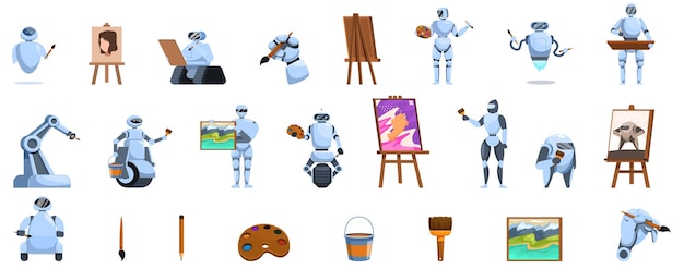 Los íconos del artista robot se establecen en el vector de dibujos animados del pintor de imágenes