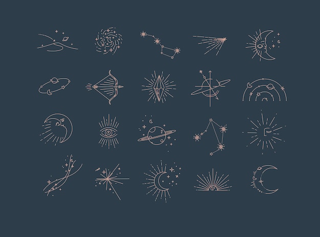 Iconos de la astrología de la elegancia plana azul