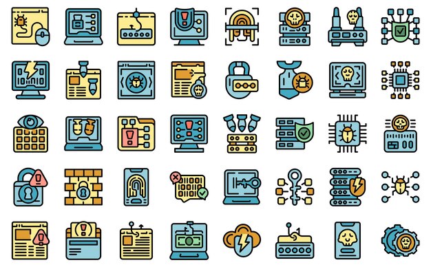Iconos de ataque de piratas informáticos establecer vector plano
