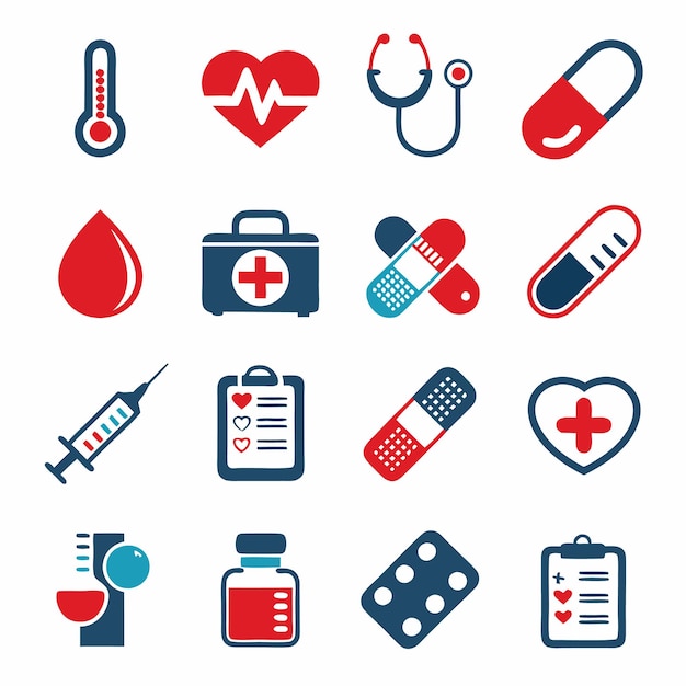 Iconos de atención médica kit de análisis de sangre pastillas latidos del corazón estetoscopio kit de primeros auxilios vendajes
