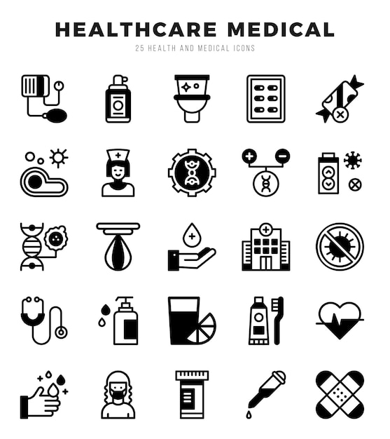 Iconos de atención médica Pack de iconos de relleno lineal Conjunto de iconas de llenado lineal Colección de íconos de lleno lineal Icones vectoriales simples