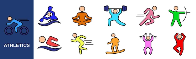 Íconos de atletismo: ciclismo, natación, yoga, levantamiento de pesas, velocidad, tiro con arco, snowboard, ejercicio físico, entrenamiento, salud, estilo de vida activo, íconos deportivos