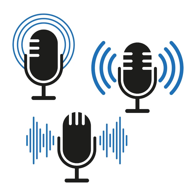 Los íconos de audio del micrófono Las ondas de sonido azules El diseño del microfono negro Los símbolos de radiodifusión